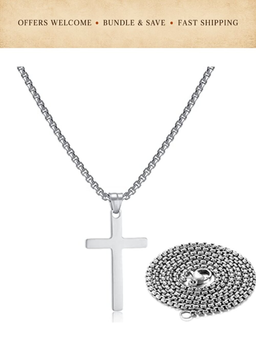 Stainless Steel Cross Necklace Men Women 20in Box Chain Christian Gift